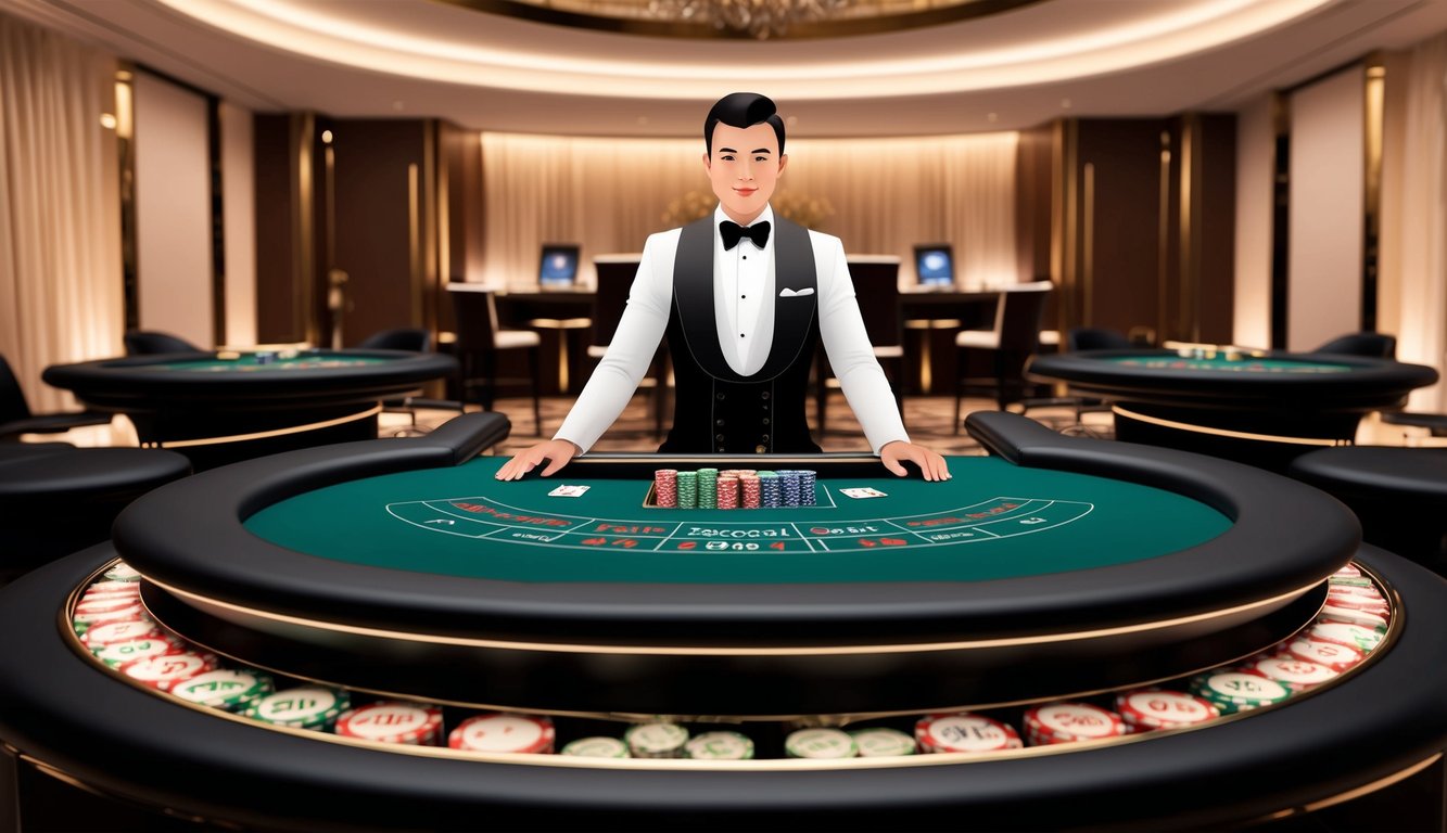 Sebuah meja Baccarat online yang ramping dan modern dengan dealer langsung, dikelilingi oleh dekorasi kasino yang elegan dan pencahayaan ambient yang lembut.