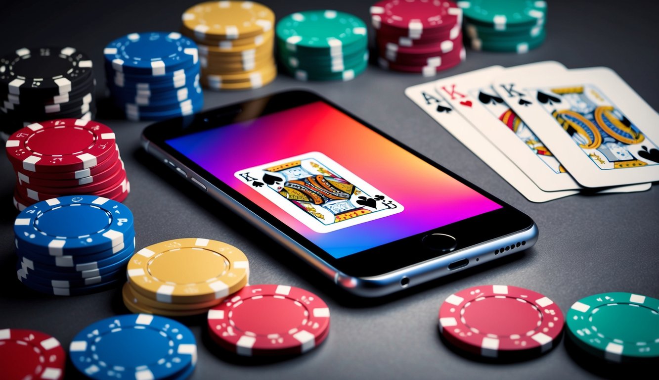 Sebuah smartphone ramping dengan layar yang bersinar, dikelilingi oleh tumpukan chip poker berwarna-warni dan satu set kartu