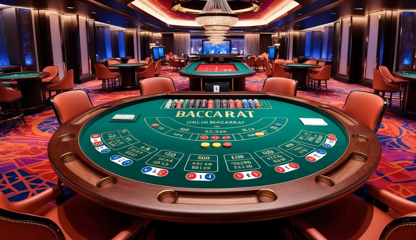 Sebuah meja Baccarat online yang hidup dengan berbagai opsi taruhan, dikelilingi oleh suasana kasino yang elegan dan modern