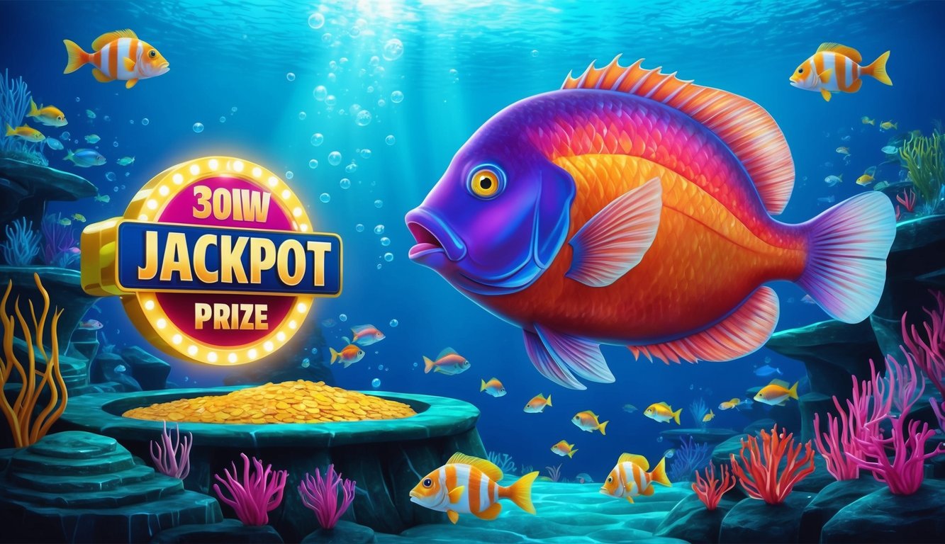 Dunia bawah air yang penuh warna dengan ikan-ikan berwarna-warni dan hadiah jackpot besar yang bersinar