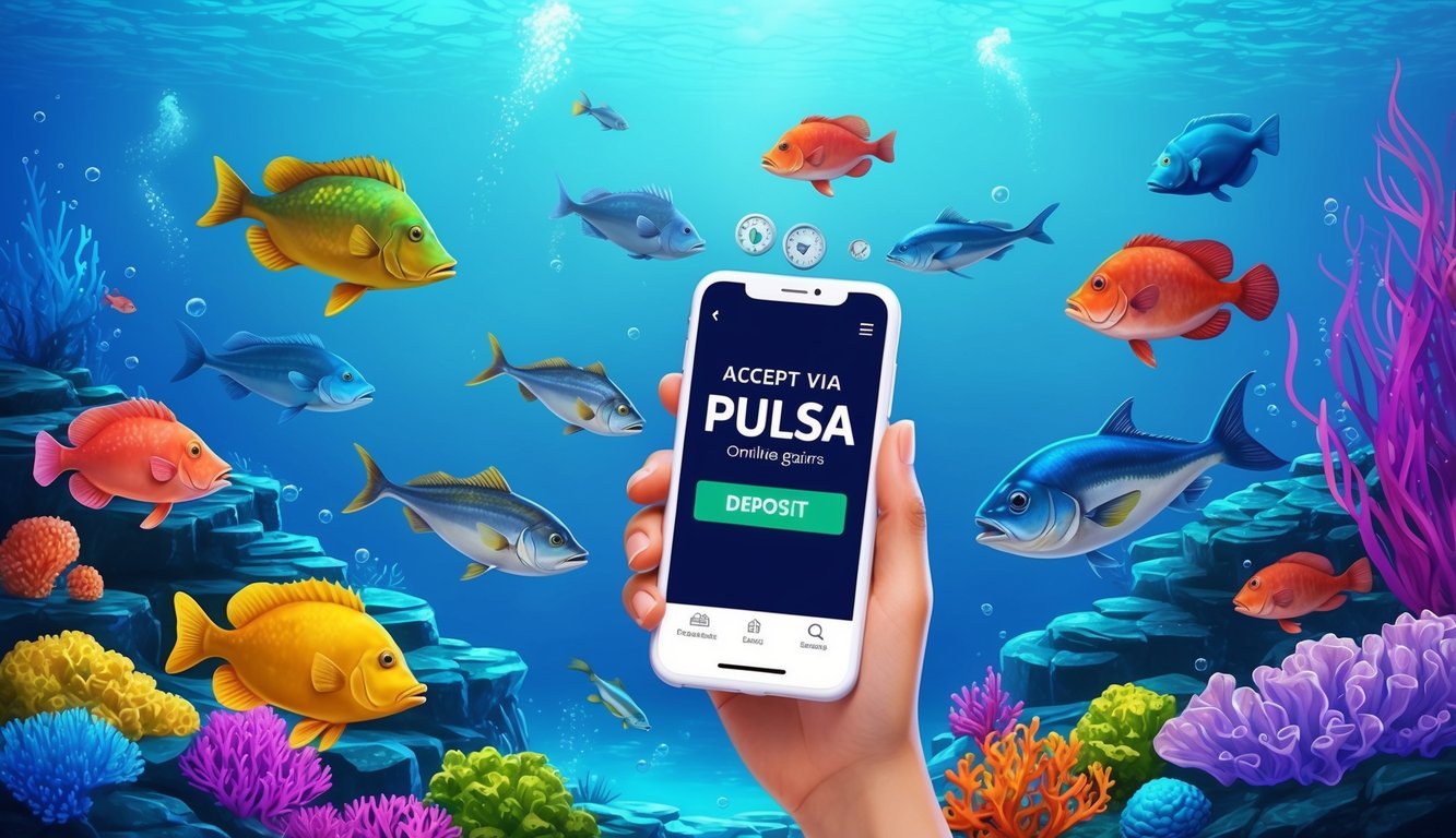 Sebuah dunia bawah laut yang berwarna-warni dengan berbagai makhluk laut yang berenang di sekitar perangkat digital yang menerima setoran melalui pulsa untuk permainan memancing online