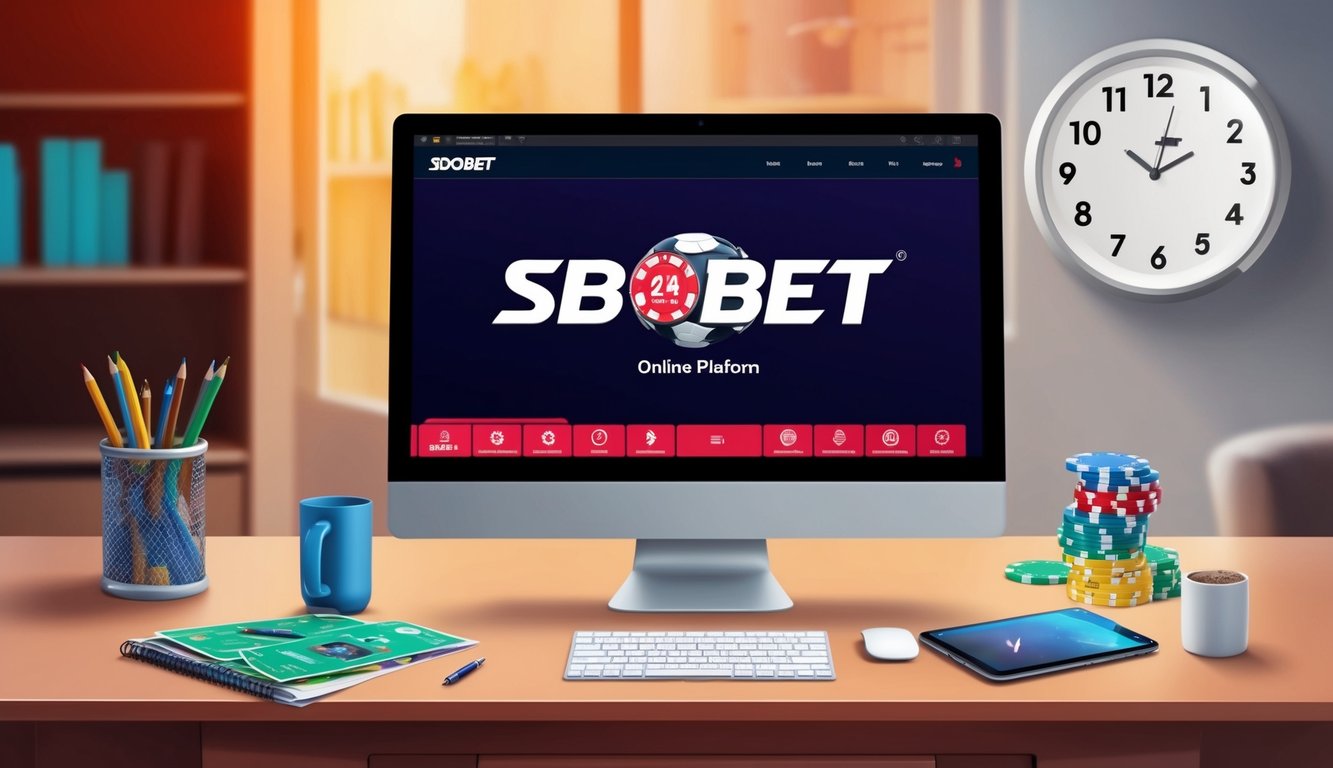 Sebuah layar komputer menampilkan platform online SBObet, dengan jam menunjukkan layanan 24 jam