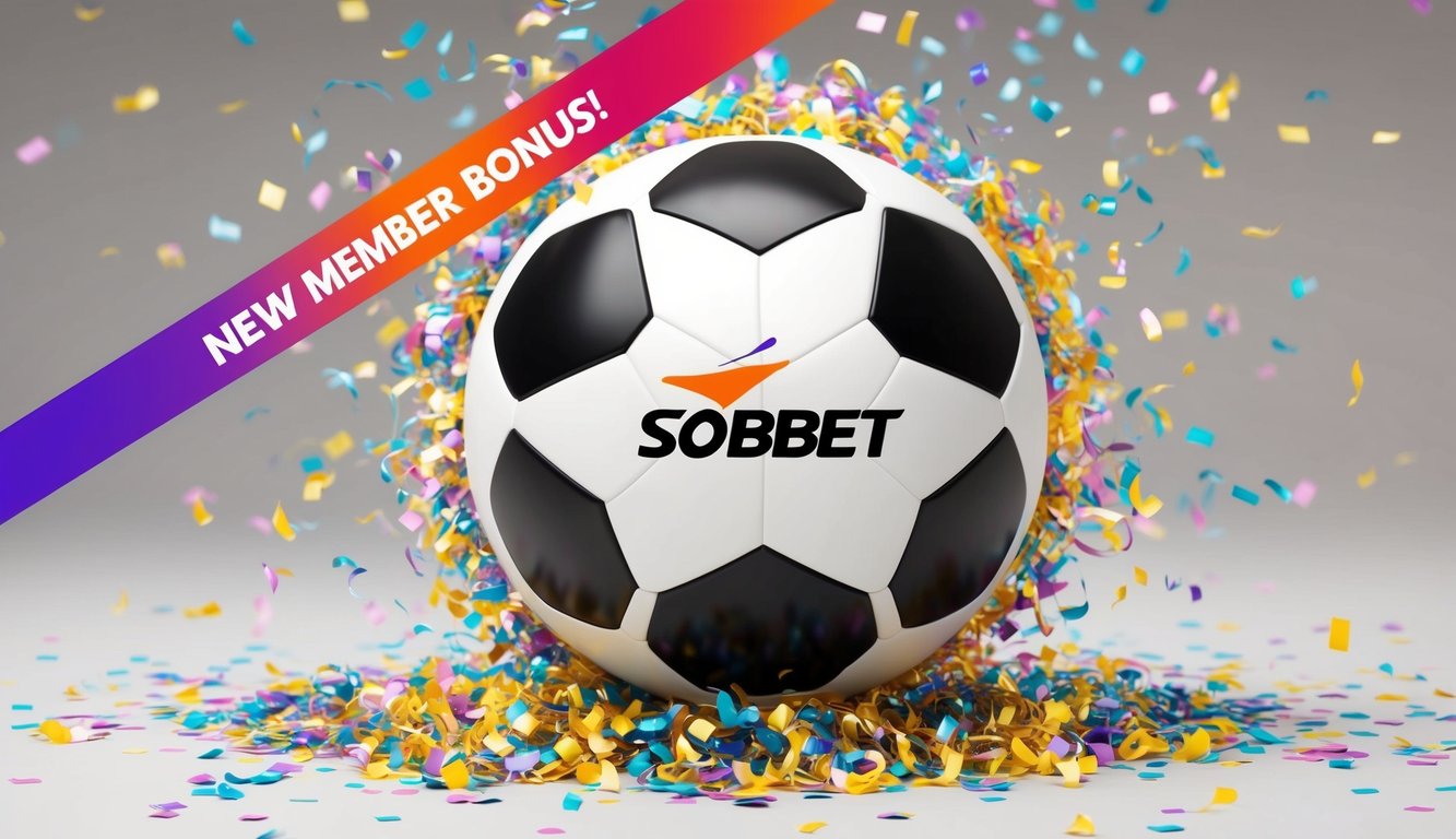 Sebuah bola sepak dengan logo SBObet, dikelilingi oleh konfeti berwarna-warni dan spanduk besar yang mengiklankan bonus anggota baru