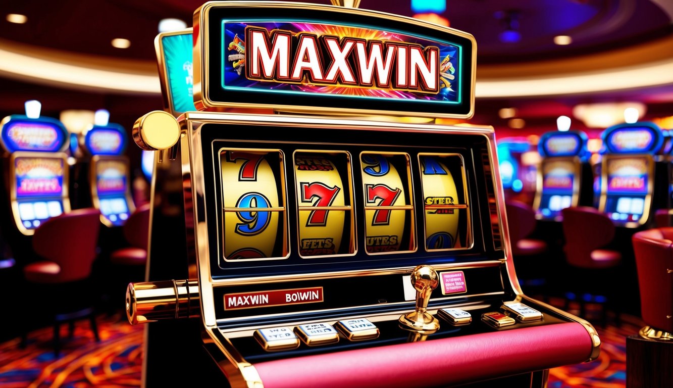 Sebuah mesin slot yang cerah dengan peluang maxwin di lingkungan kasino yang ramai