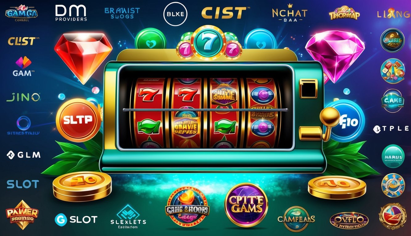 Sebuah mesin slot yang hidup dan modern dikelilingi oleh berbagai logo penyedia permainan