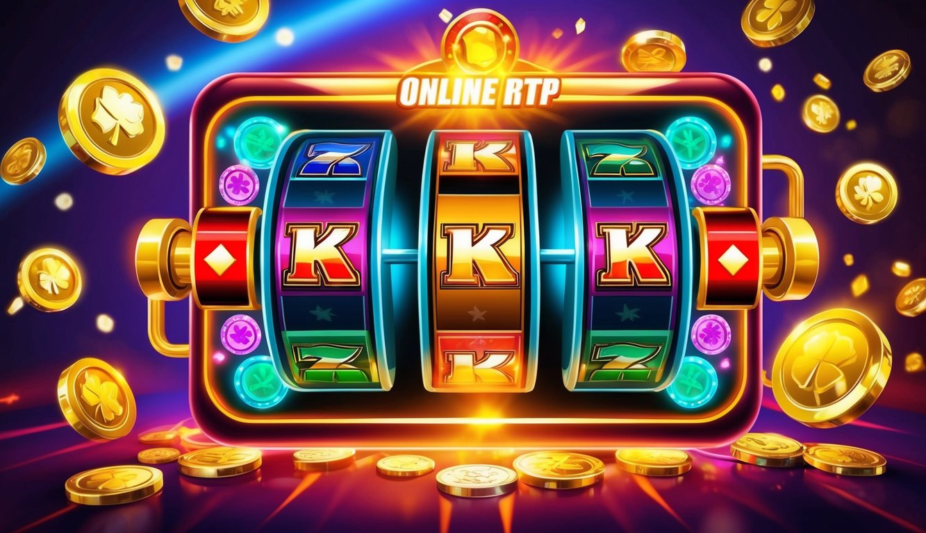 Mesin slot online yang semarak dengan RTP tinggi, dikelilingi oleh simbol keberuntungan dan bersinar dengan kegembiraan