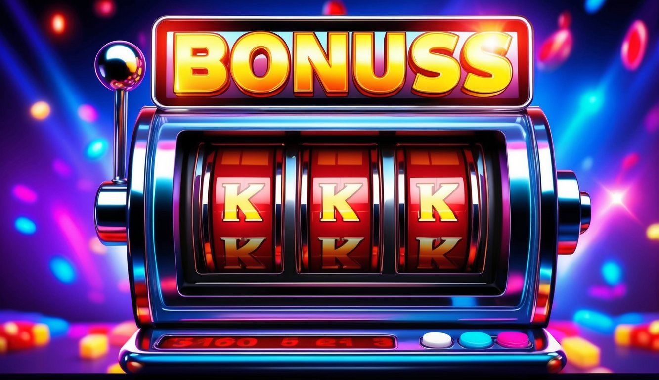 Mesin slot online yang cerah dengan lampu berkedip dan tampilan bonus besar