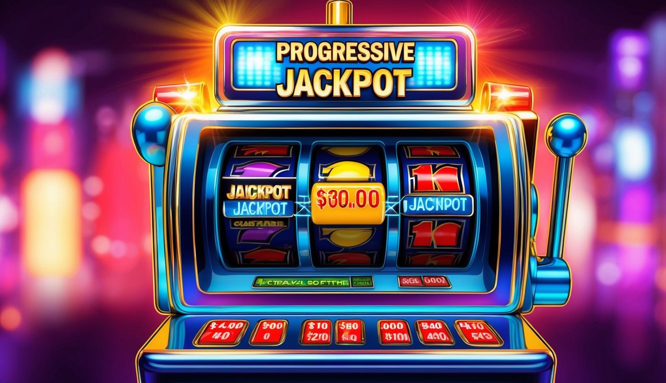 Mesin slot online yang cerah dengan lampu berkedip dan jackpot progresif yang terus berkembang