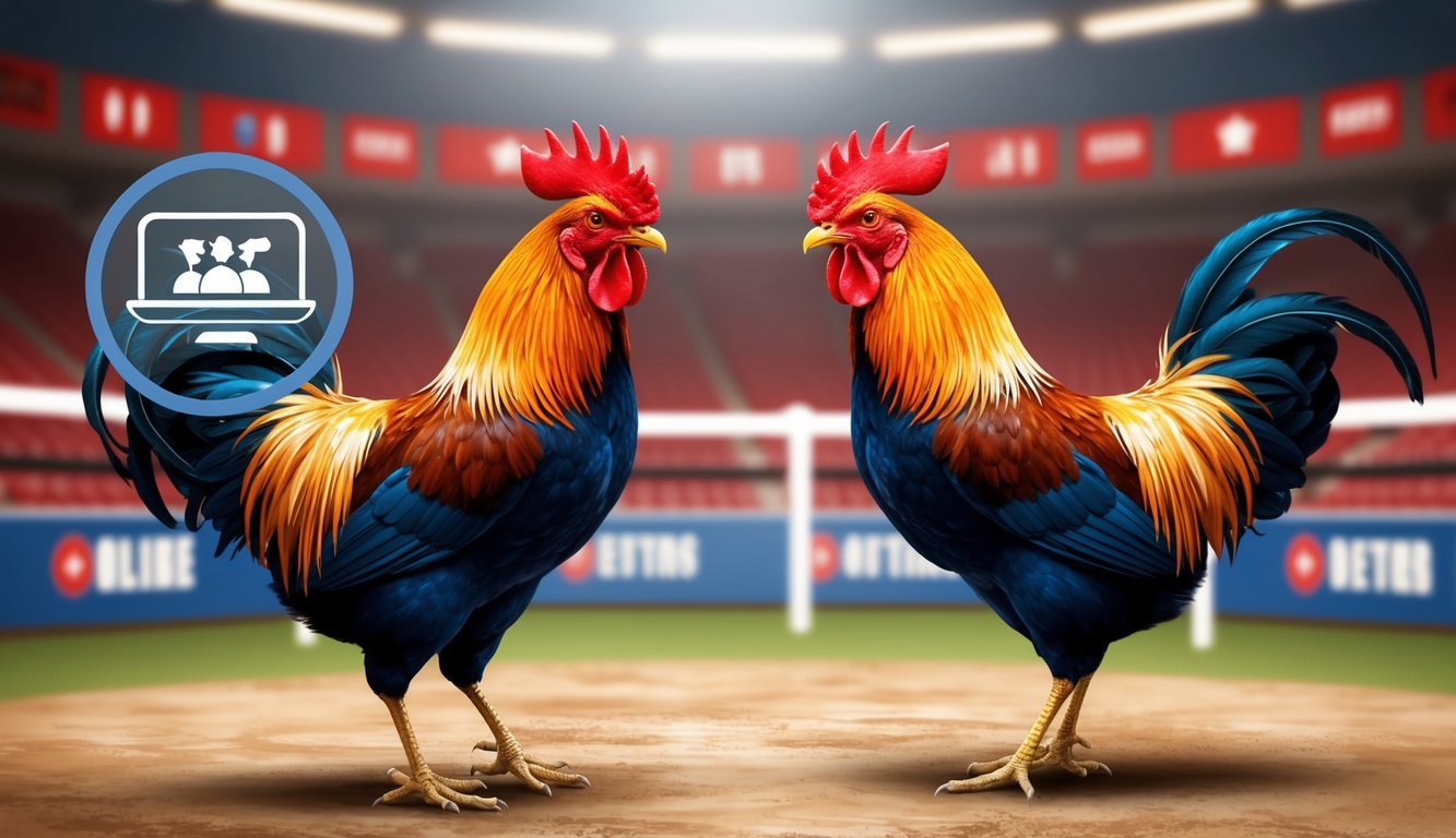 Dua ayam jantan berhadapan di arena sabung ayam dengan opsi taruhan online