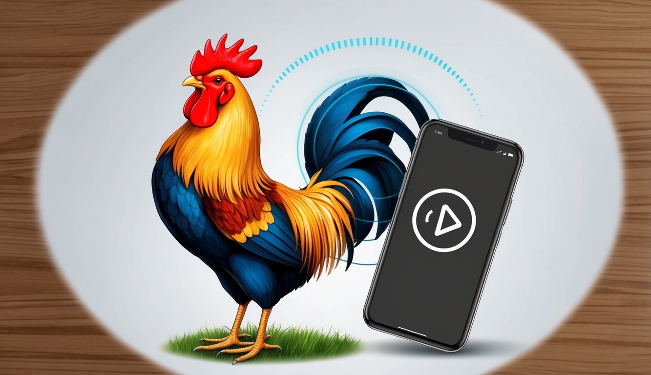 Seekor ayam jantan dan sebuah smartphone dengan sinyal berdenyut, dikelilingi oleh ikon pembayaran digital