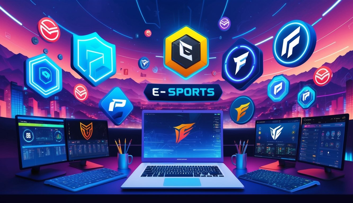 Sebuah lanskap digital yang hidup dengan berbagai simbol dan logo e-sports, menampilkan berbagai macam pasar taruhan