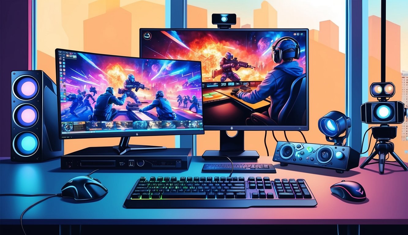 Meja komputer dengan peralatan gaming, monitor besar yang menampilkan pertandingan e-sports yang intens, dan pengaturan streaming dengan kamera dan lampu