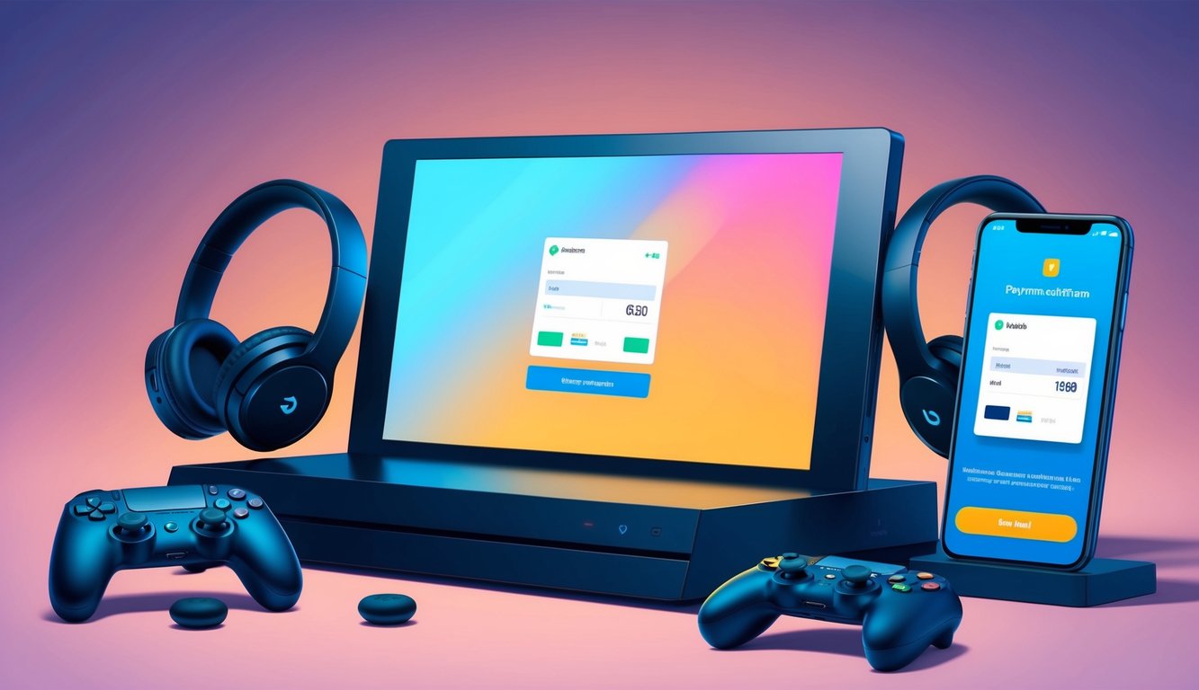 Sebuah konsol game dengan layar yang menyala, dikelilingi oleh pengontrol nirkabel dan headphone, dengan ponsel yang menampilkan konfirmasi pembayaran