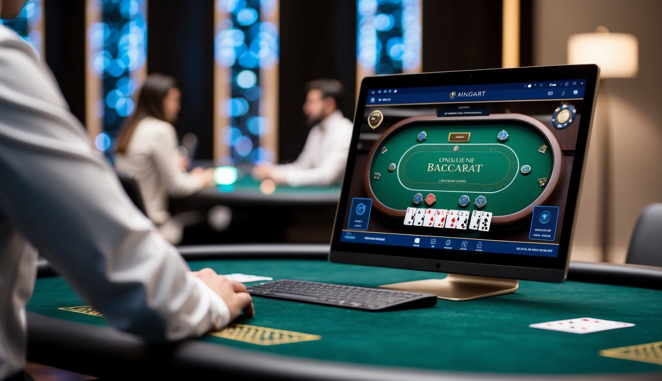 Sebuah layar komputer yang ramping dan modern menampilkan permainan baccarat online dengan chip dan kartu virtual di atas meja felt hijau tua.