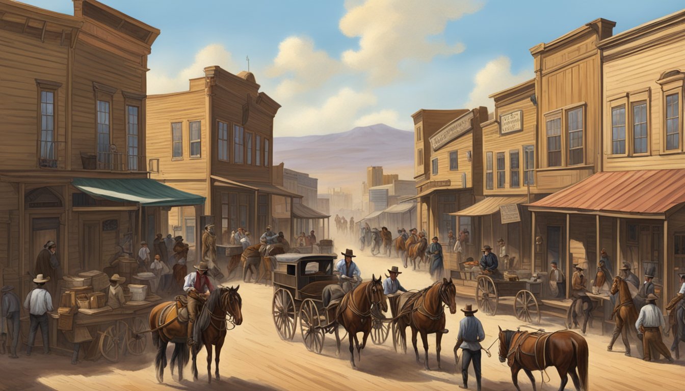 A bustling 19th century western town, with saloons, wagons, and cowboys