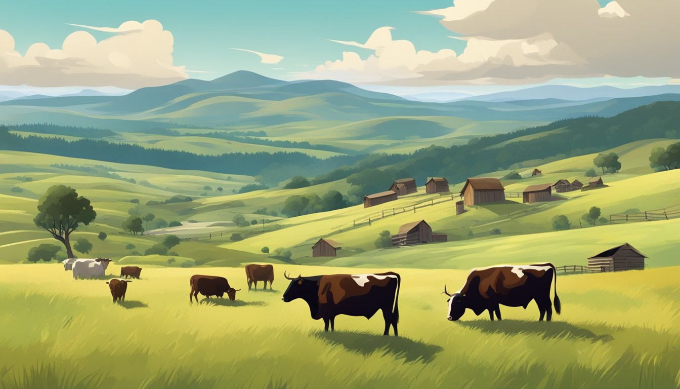 A vast, rugged landscape with rolling hills and a rustic homestead. A herd of cattle graze in the distance under a big, open sky