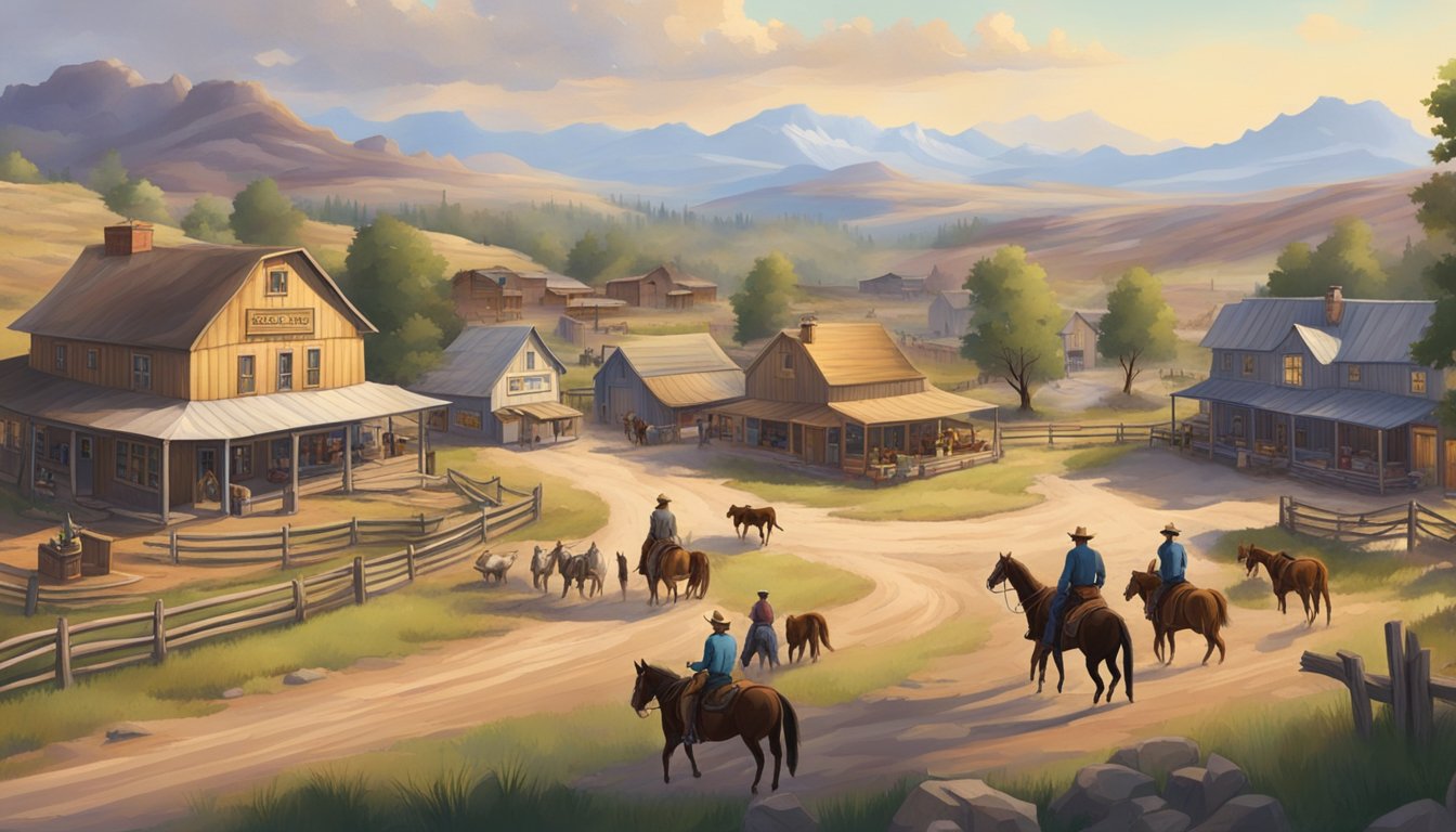 A rugged landscape with a sprawling ranch and cowboys on horseback. A small town with a bustling main street and a quaint clinic