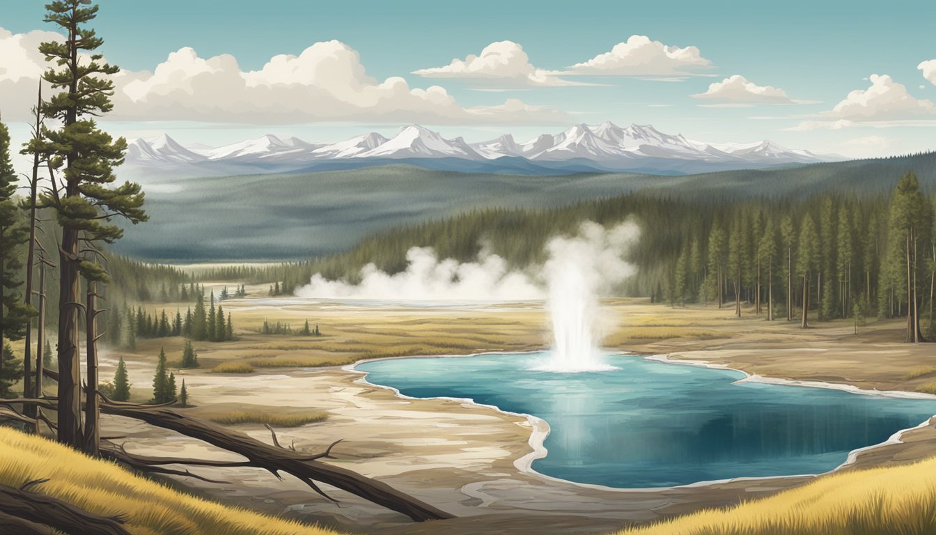 A panoramic view of Yellowstone National Park with mountains, forests, and geysers