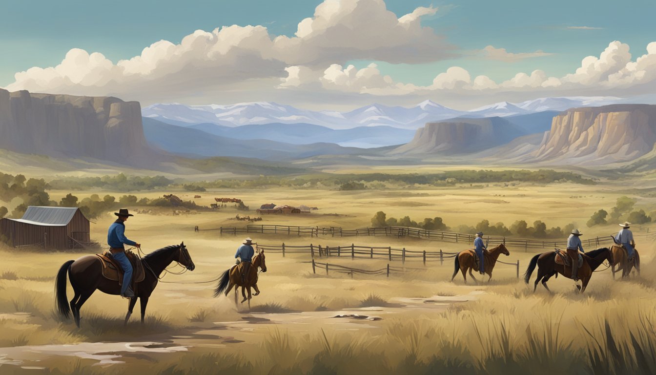 A rugged landscape with a sprawling ranch, horses, and cowboys. A sense of tension and rivalry between two groups