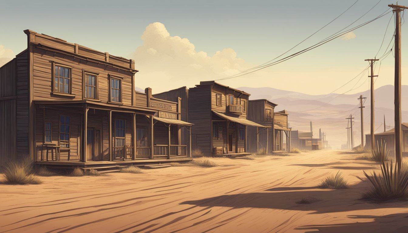 A dusty western town with wooden buildings, a saloon, and a dirt road leading into the distance