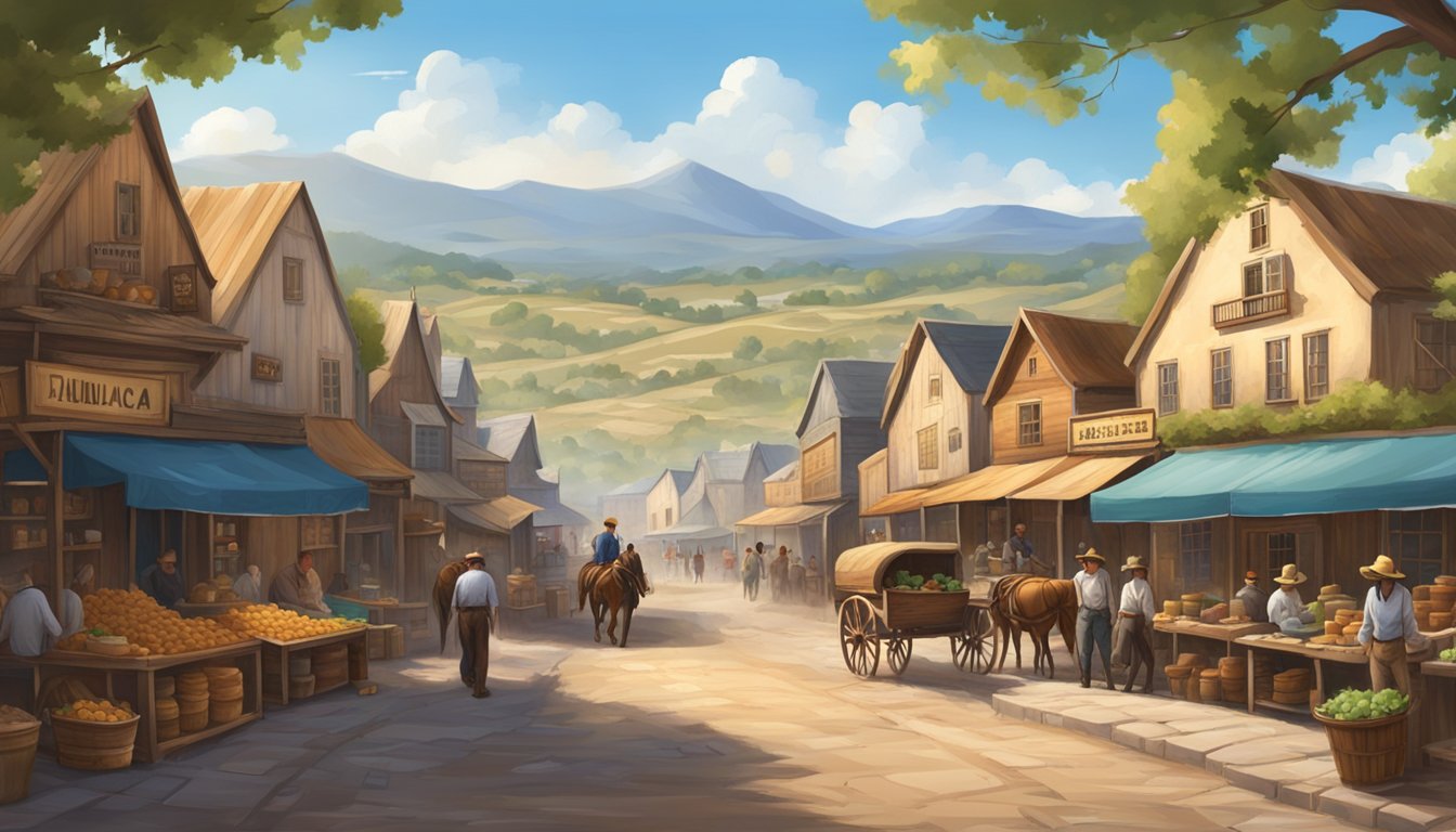 A rustic Western town with a bustling market, surrounded by rolling hills and a clear blue sky