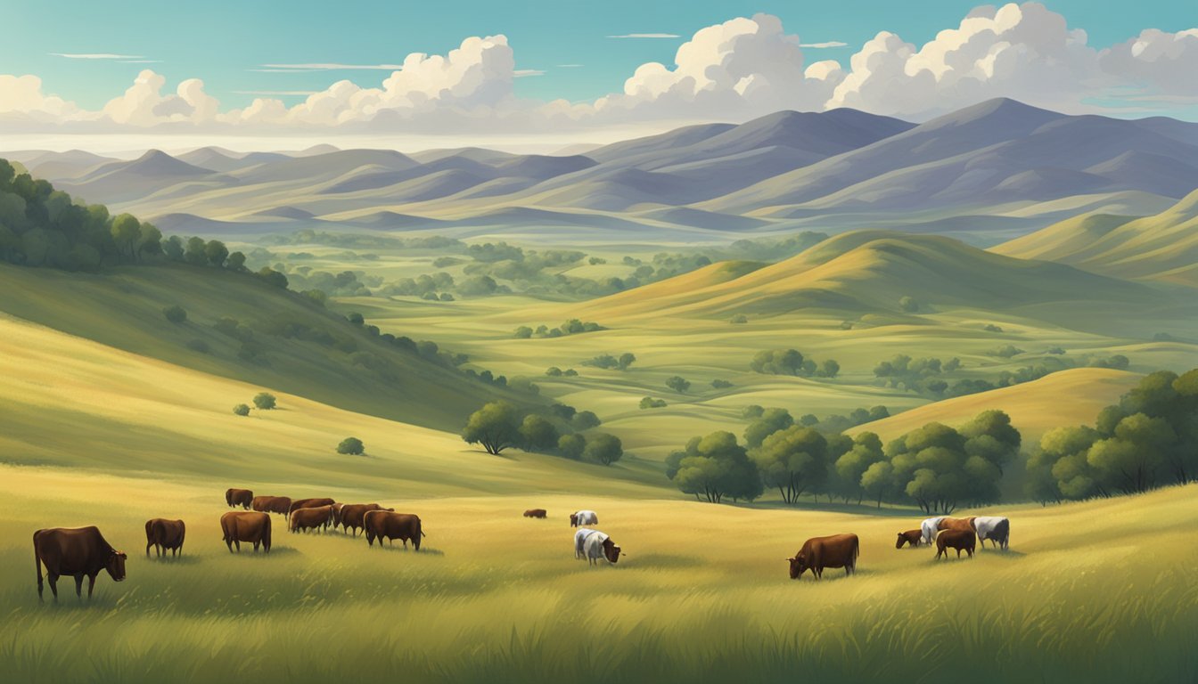 A vast, rugged landscape with rolling hills, a rustic ranch, and grazing cattle under a big, open sky