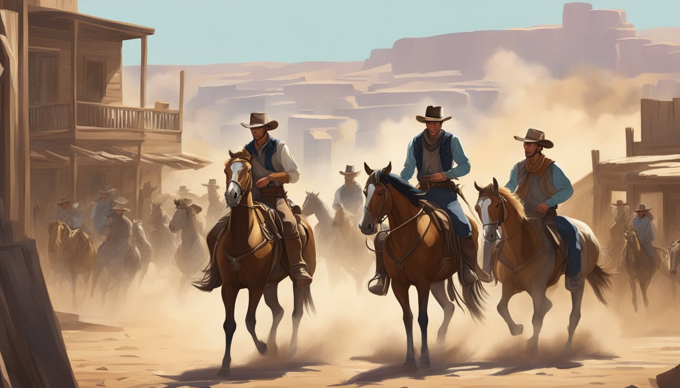 A tense standoff between two rival groups of cowboys on horseback in a dusty, sun-drenched western town