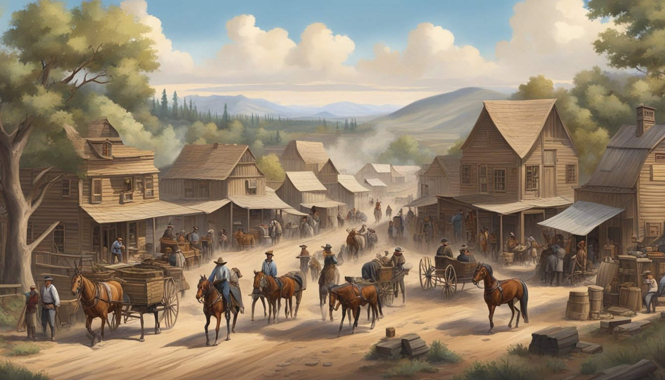 A bustling 19th century frontier town, with wooden buildings, dirt roads, and horse-drawn wagons. The scene is filled with cowboys, settlers, and Native Americans going about their daily lives