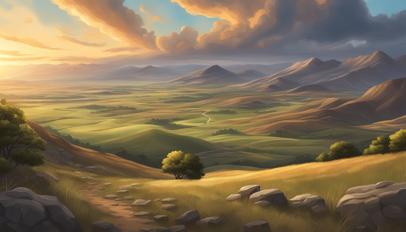 A vast, rugged landscape with rolling hills, rocky terrain, and a sprawling ranch. A dramatic sky filled with clouds and the sun setting in the distance