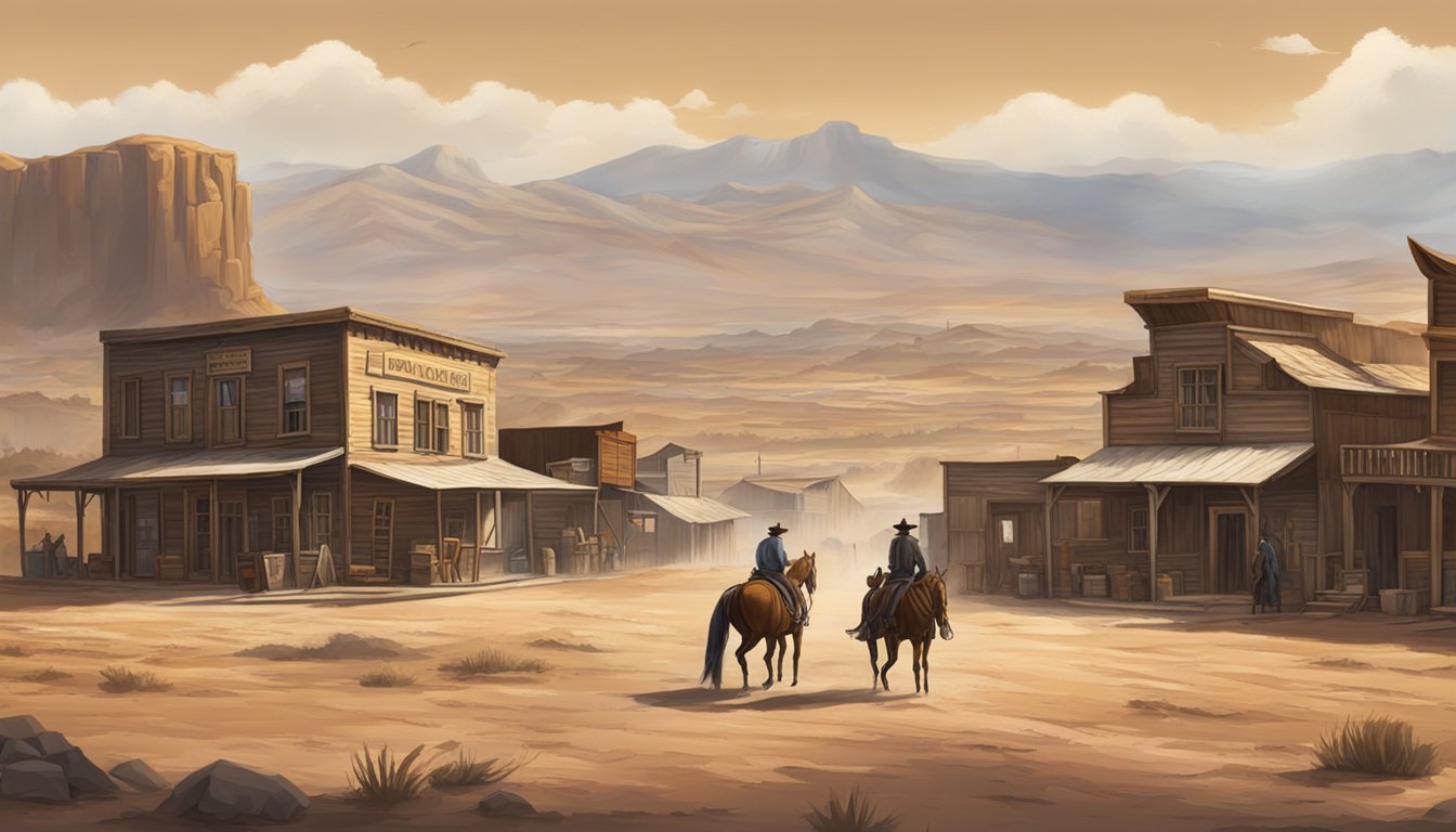 A dusty western town with a saloon, horses, and rugged landscape in the background