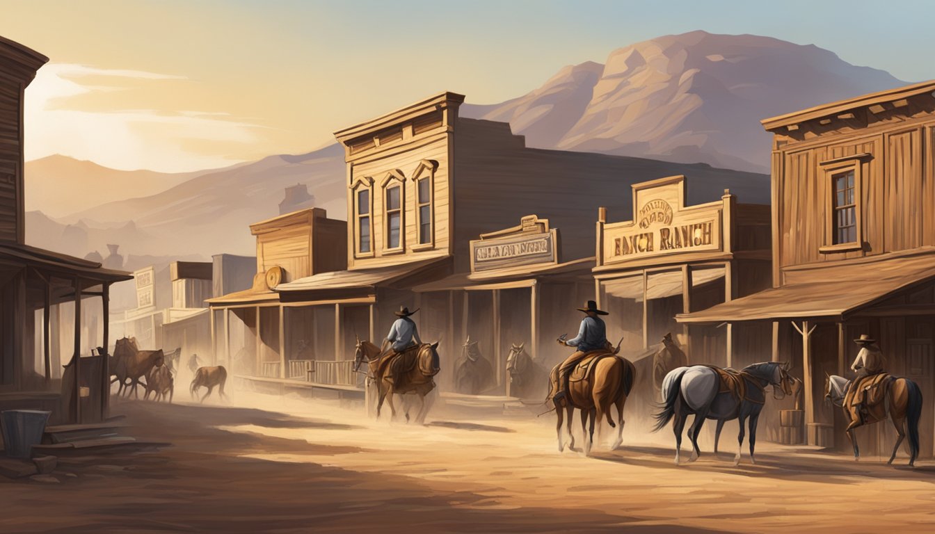 A dusty western town with a saloon and ranch in the background. Horses and cowboys roam the streets, capturing the essence of the old west