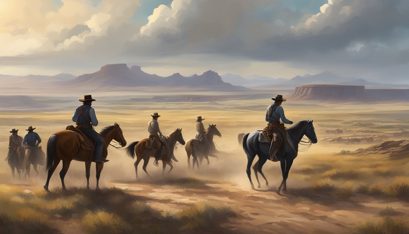 A tense standoff between cowboys and settlers on the open plains, with a rugged landscape in the background