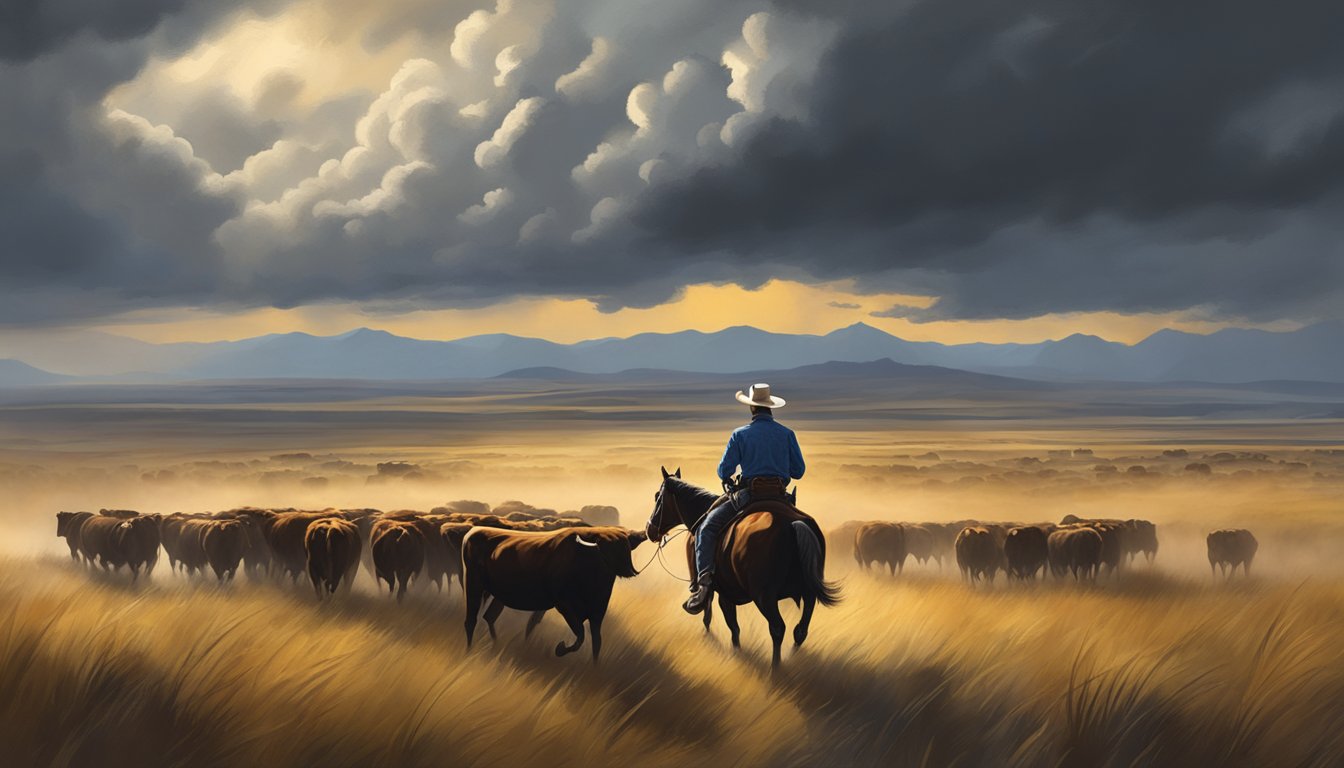 A rugged cowboy herding cattle through a vast, open prairie under a dramatic, stormy sky