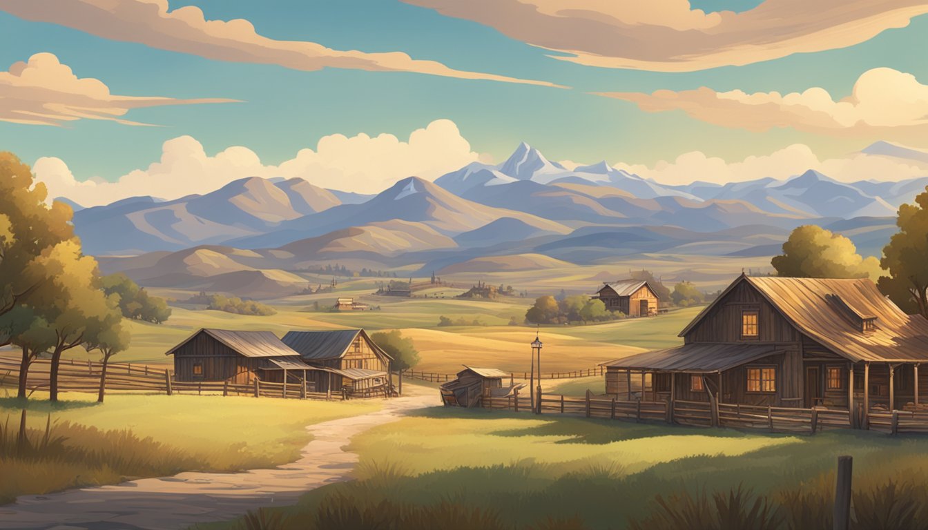 A rugged landscape with a sprawling ranch and mountains in the distance, contrasting with a quaint, old-fashioned town surrounded by rolling hills