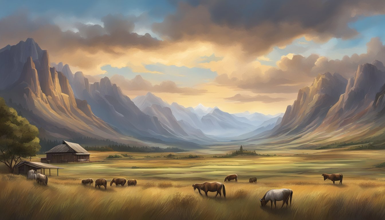 A vast, rugged landscape with mountains and a sprawling ranch set against a dramatic sky