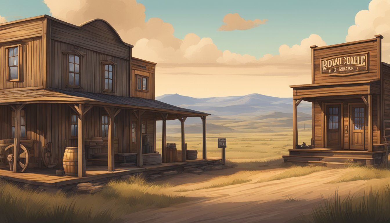 A rustic western town with a saloon and a clinic, surrounded by rolling hills and wide open plains