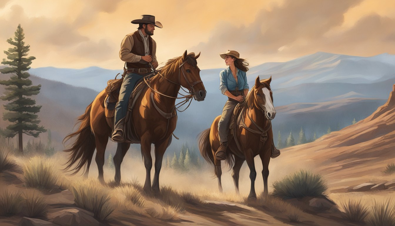 A rugged cowboy on horseback faces off with a determined pioneer woman in the untamed wilderness