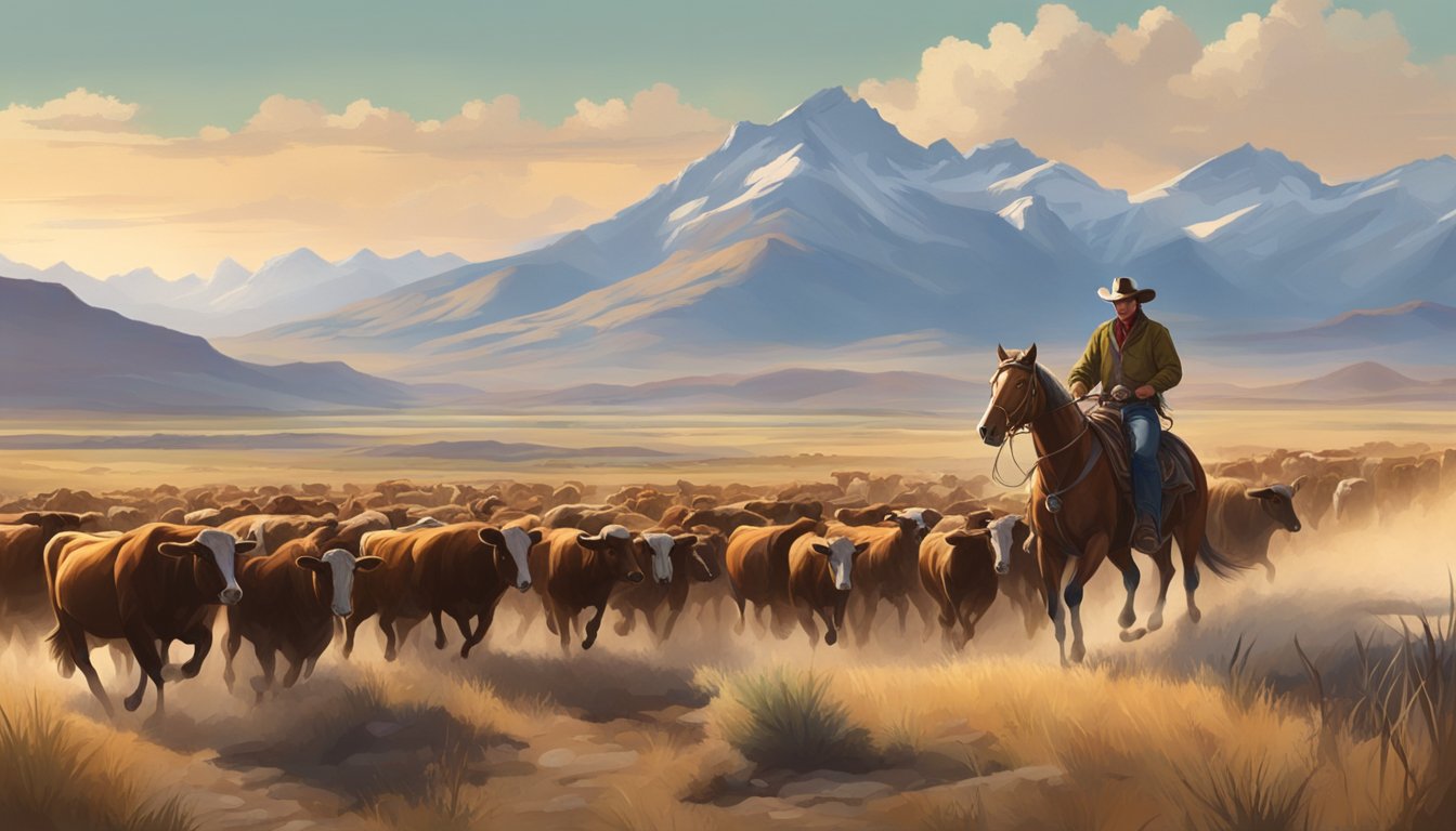 A rugged cowboy on horseback herding cattle across the vast, open plains, with a dramatic mountain range in the background