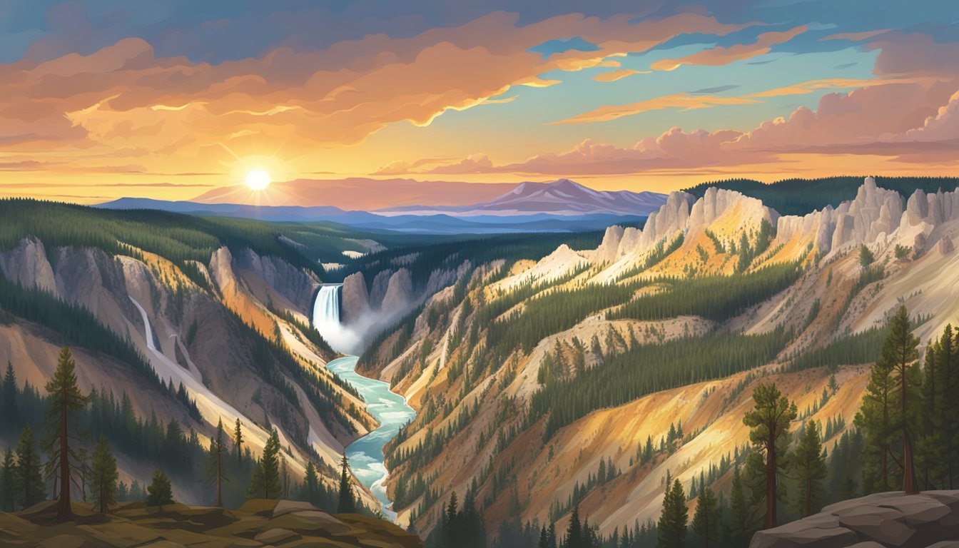 A panoramic view of Yellowstone National Park with a dramatic sunset casting a warm glow over the rugged landscape