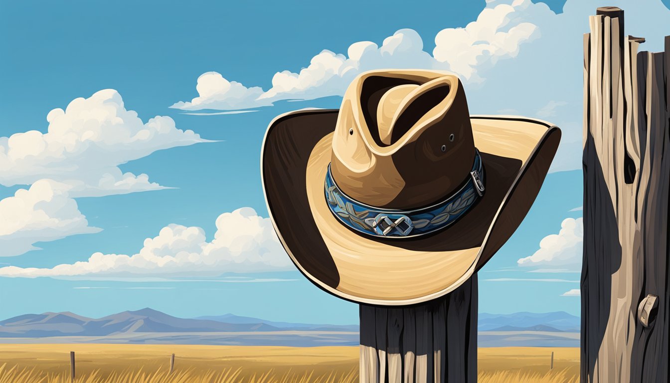 A rugged cowboy hat hangs on a weathered wooden fence post, overlooking a vast open prairie under a clear blue sky