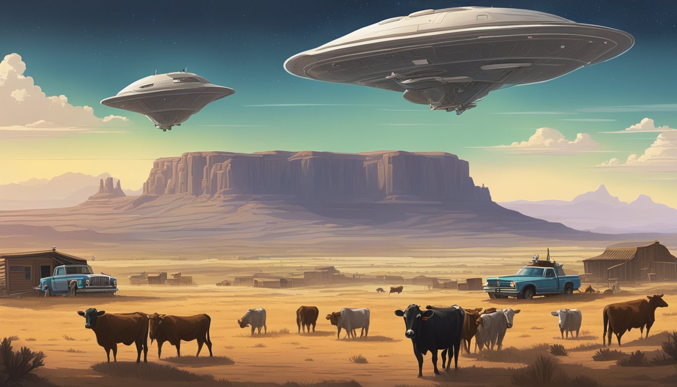 A dusty, rugged landscape with a sprawling ranch and cattle in the foreground. A spaceship hovers in the sky, contrasting the old west setting