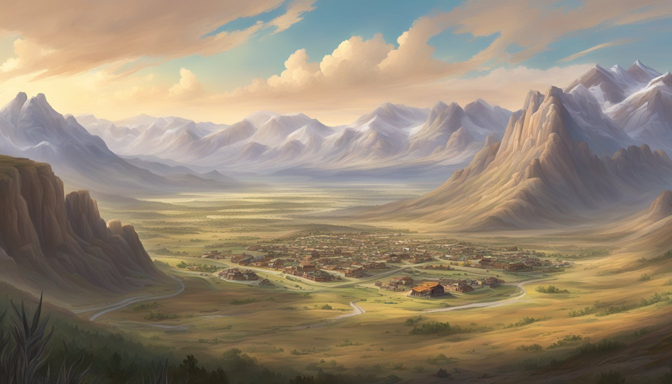 A sprawling western landscape with rugged mountains, rolling plains, and a small frontier town nestled in the valley