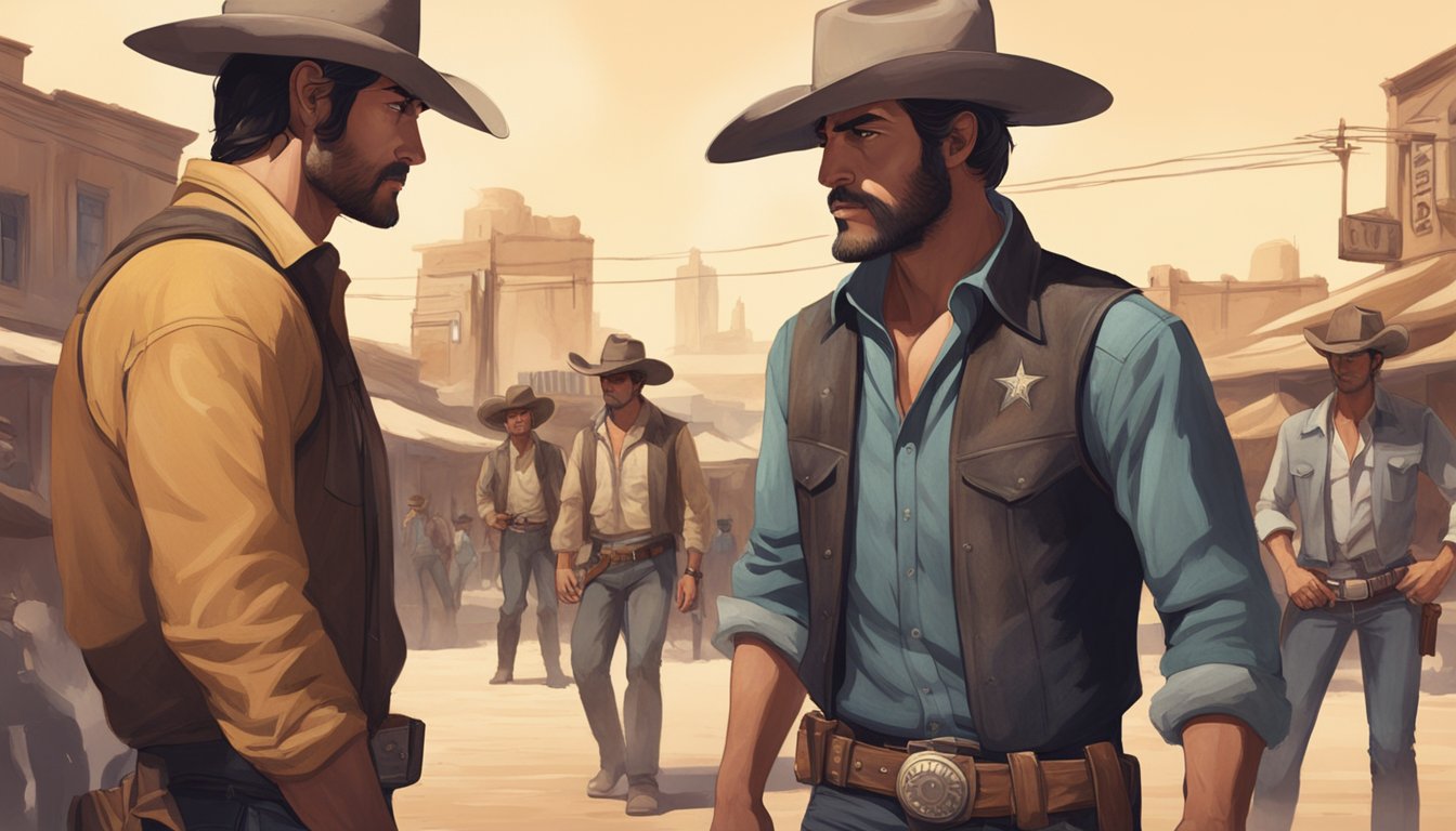 A tense standoff between two rival cowboy gangs in a dusty, sun-drenched town square