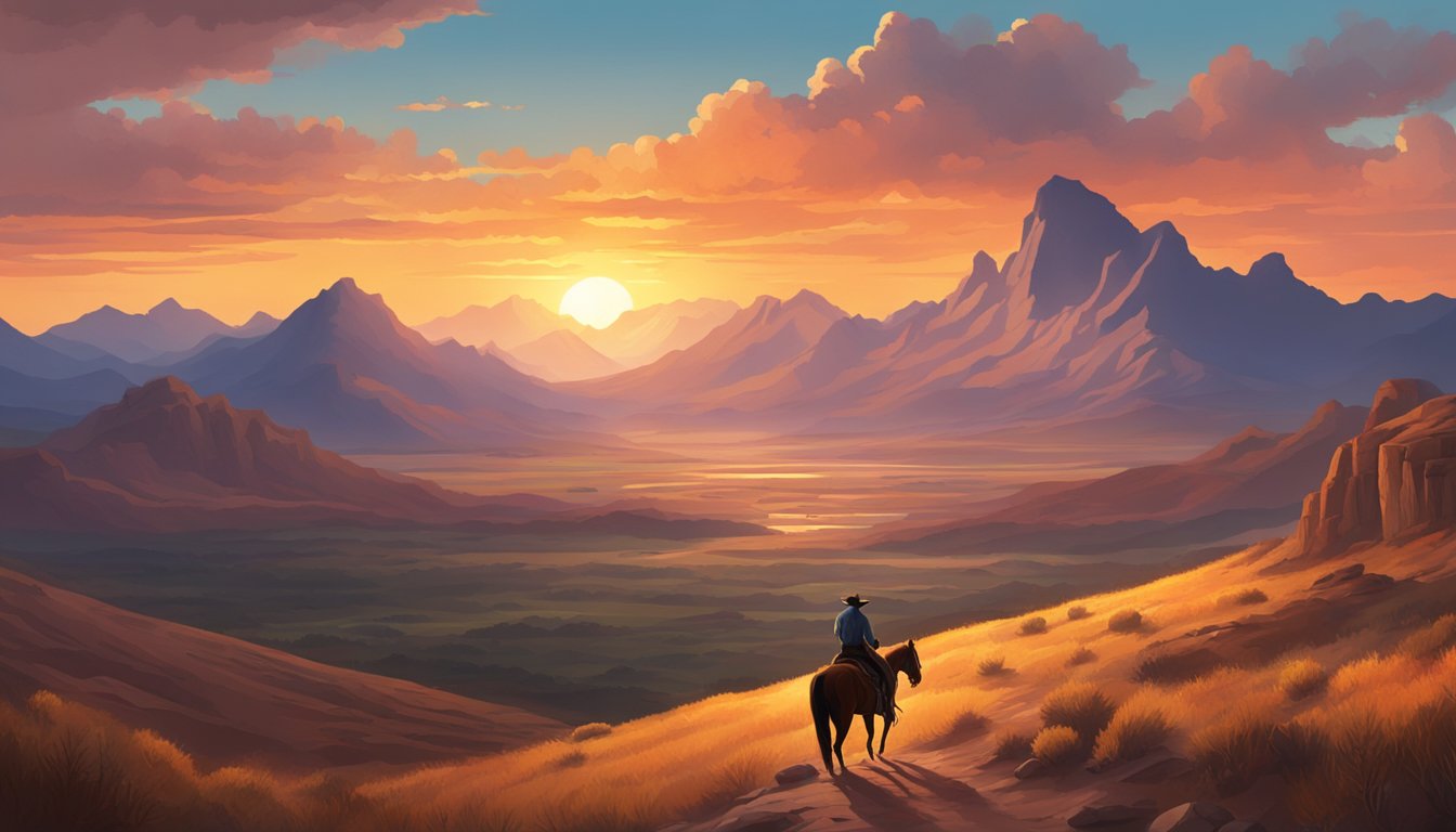 A vast, rugged landscape with a lone cowboy on horseback, surrounded by towering mountains and a fiery sunset