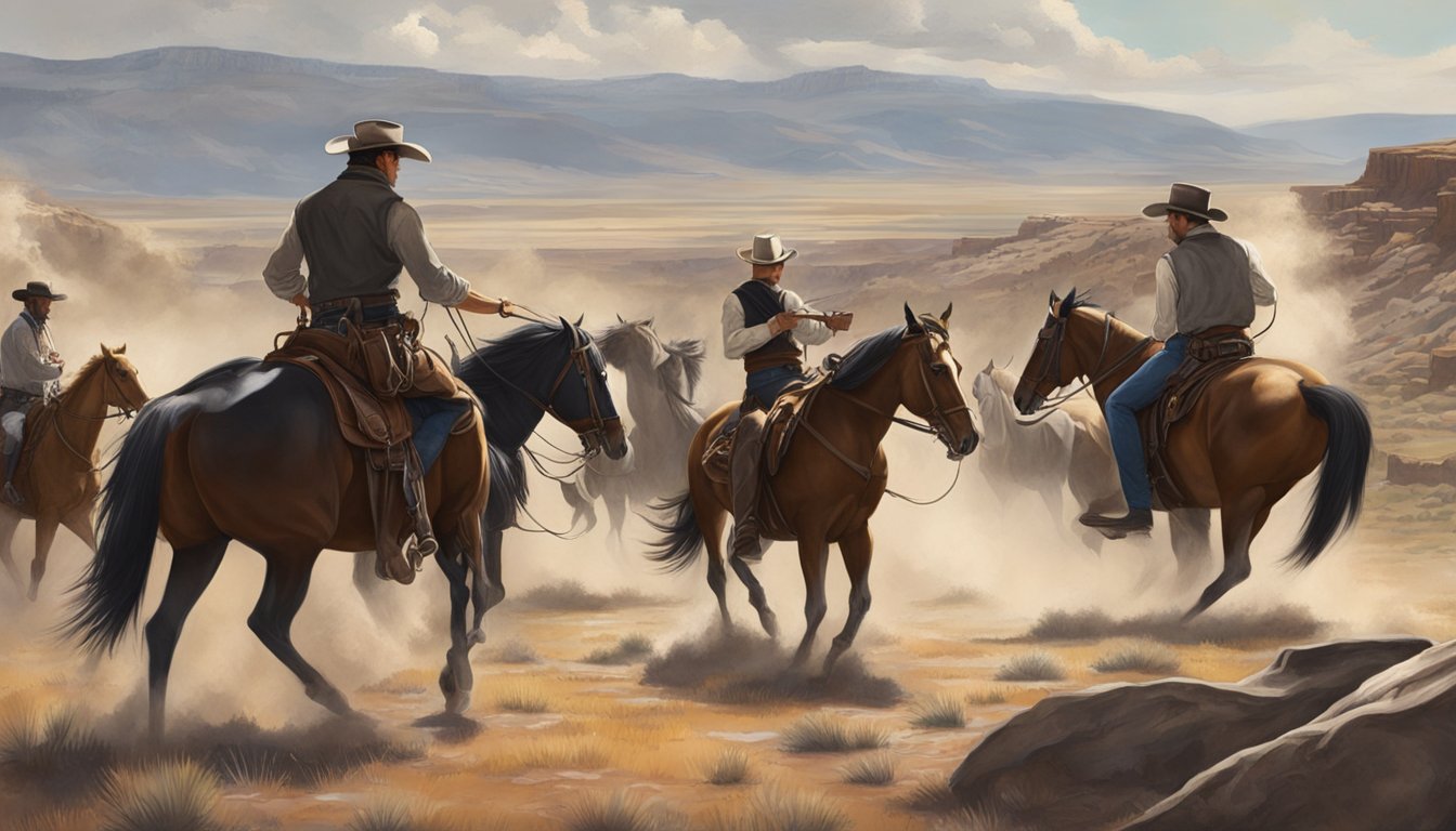 A dramatic showdown between cowboys from "Yellowstone" and "Godless" on a rugged, dusty landscape with horses, guns, and intense expressions