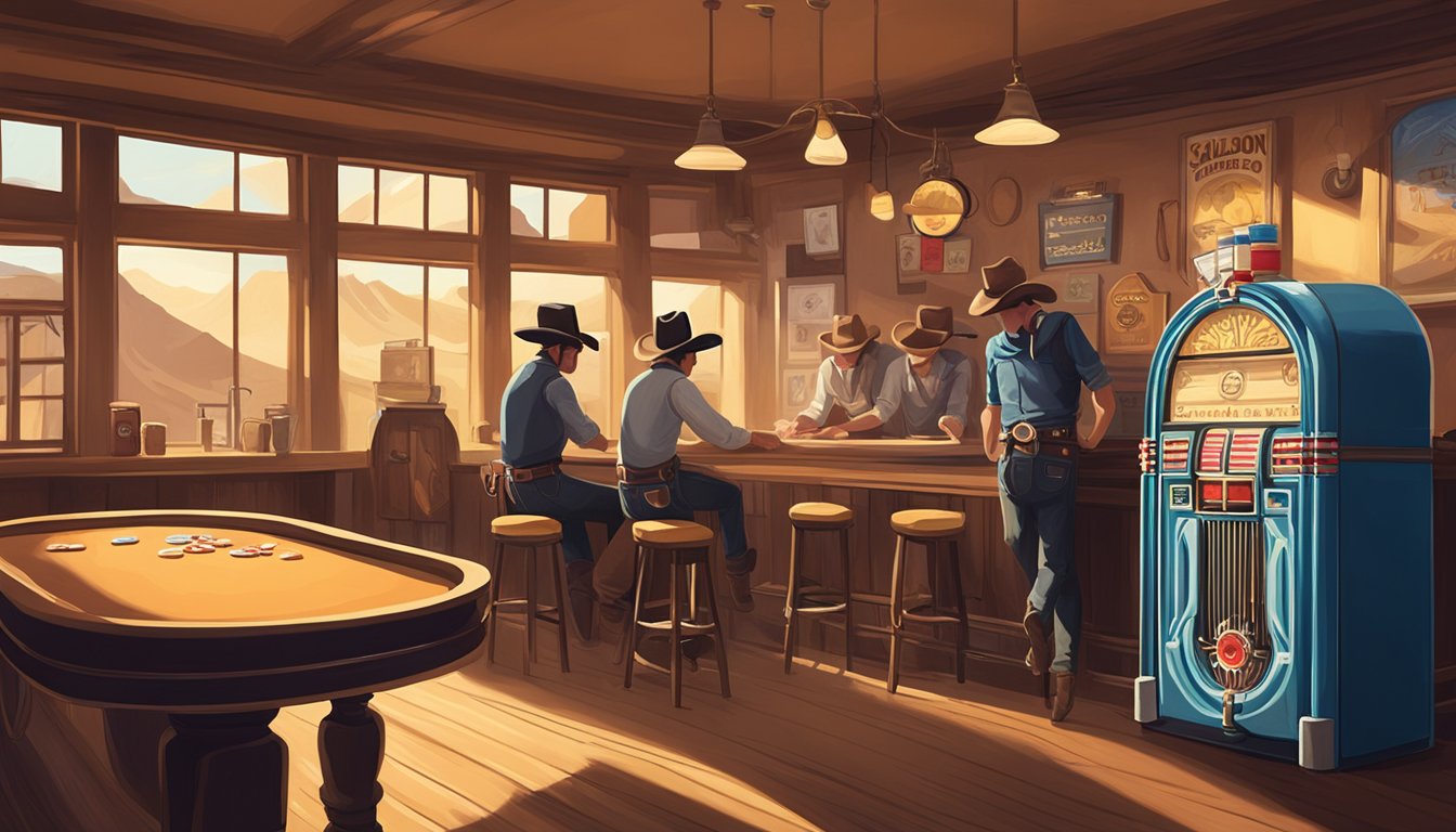 A dusty, sunlit saloon with a row of cowboy hats hanging on the wall, a poker game in progress, and a jukebox playing country music