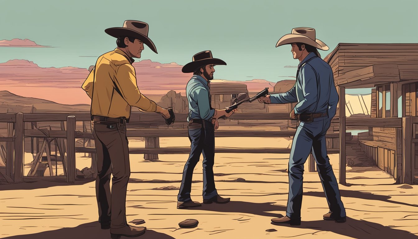 A showdown at sunset between two rival TV western shows, with fans on one side and critics on the other