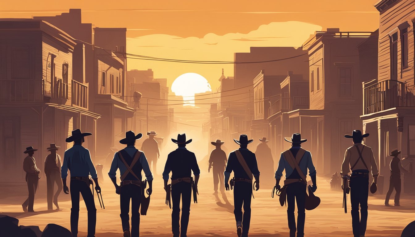 A showdown between two rival cowboy gangs on a dusty western street, with a dramatic sunset casting long shadows