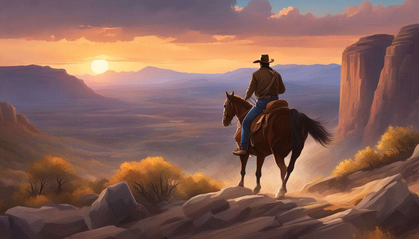 A rugged cowboy riding a horse through a picturesque, rocky landscape with a dramatic sunset in the background