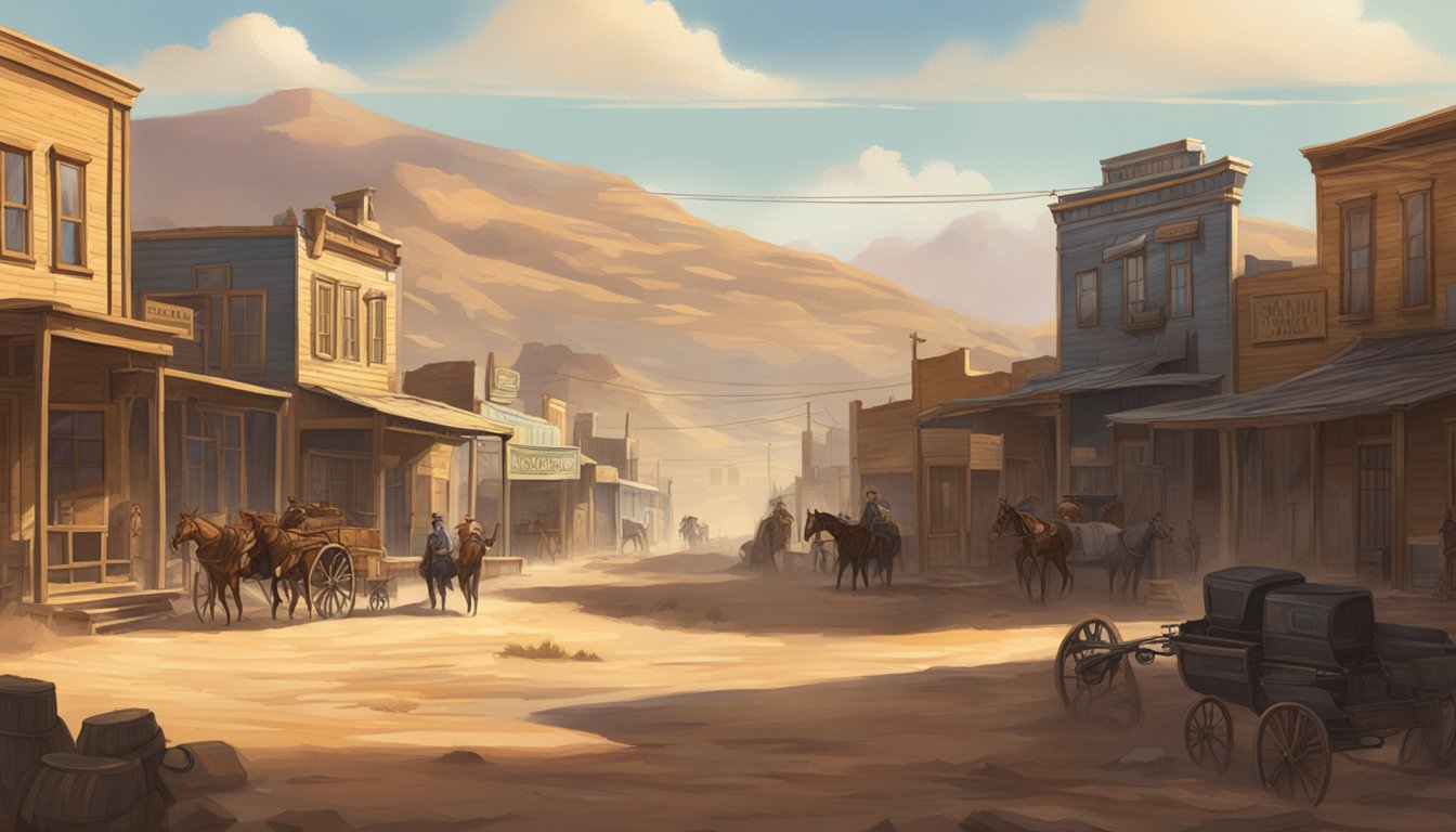 A dusty, sun-drenched western town with saloons and rugged landscapes